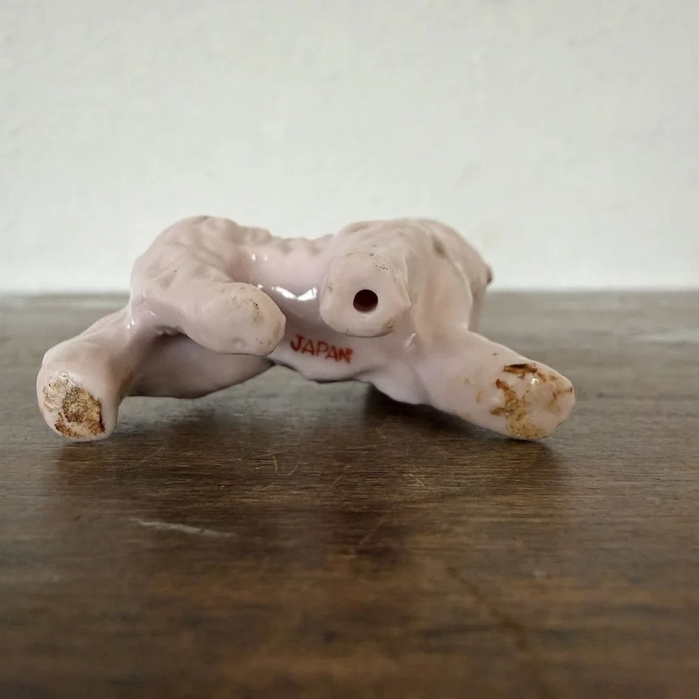Vintage Pink Porcelain Dog Terrier Poodle Gold Accents Japan Miniature‎ Trinket